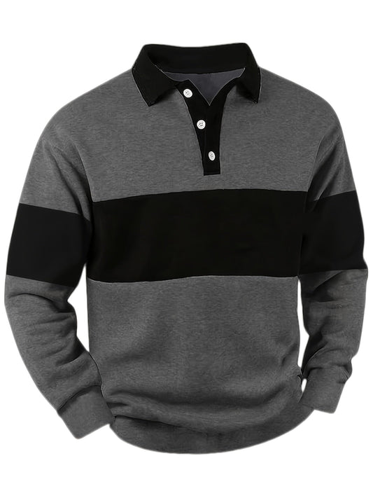 Men's long-sleeve striped rugby shirt with a polo collar, dark gray and black