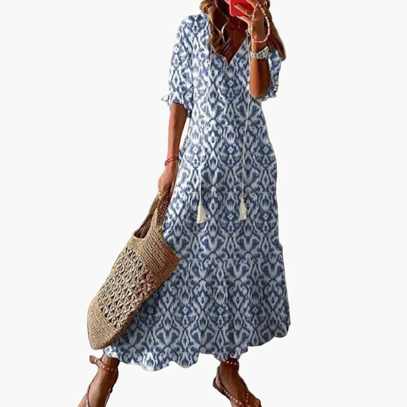 Women's Long Bohemian Dress – Long Summer Dress with Flower Print, Ideal for Beach & Leisure