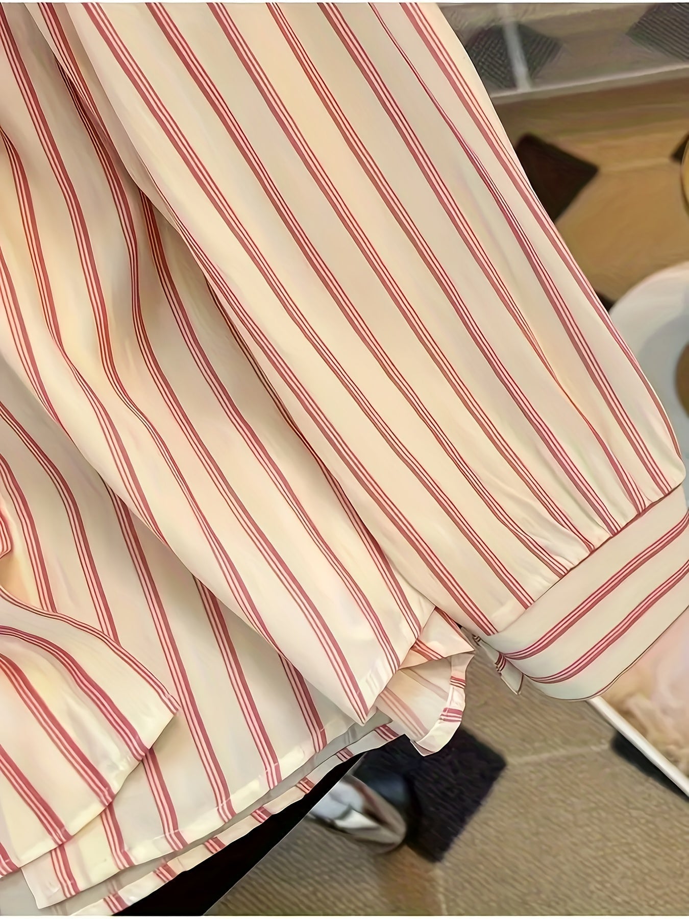 Women's striped blouse with tie detail, long-sleeve shirt blouse with chest pocket