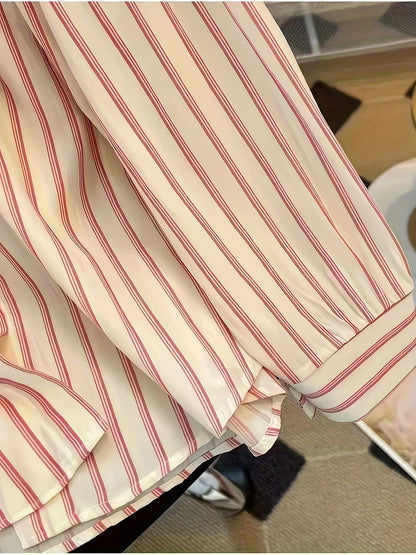 Women's striped blouse with tie detail, long-sleeve shirt blouse with chest pocket