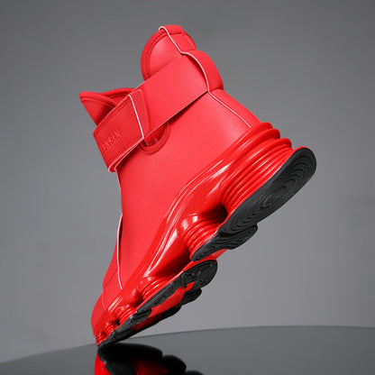 Men's black high-top sneaker boots with a red sole, laces, and Velcro closure