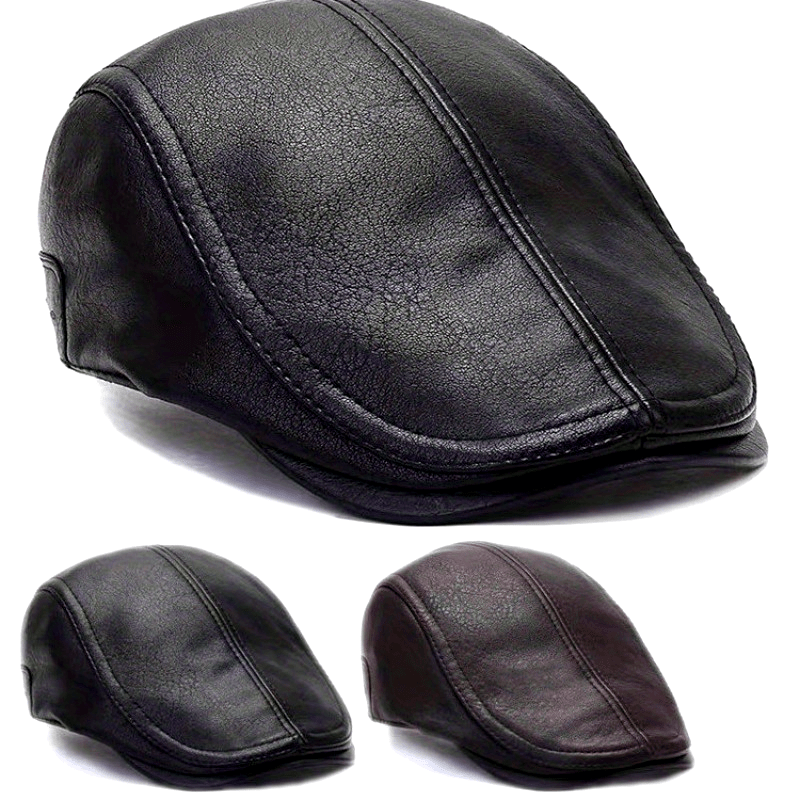 Men's faux-leather flat cap, Black/Brown