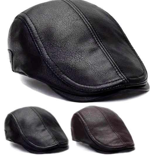Men's faux-leather flat cap, Black/Brown