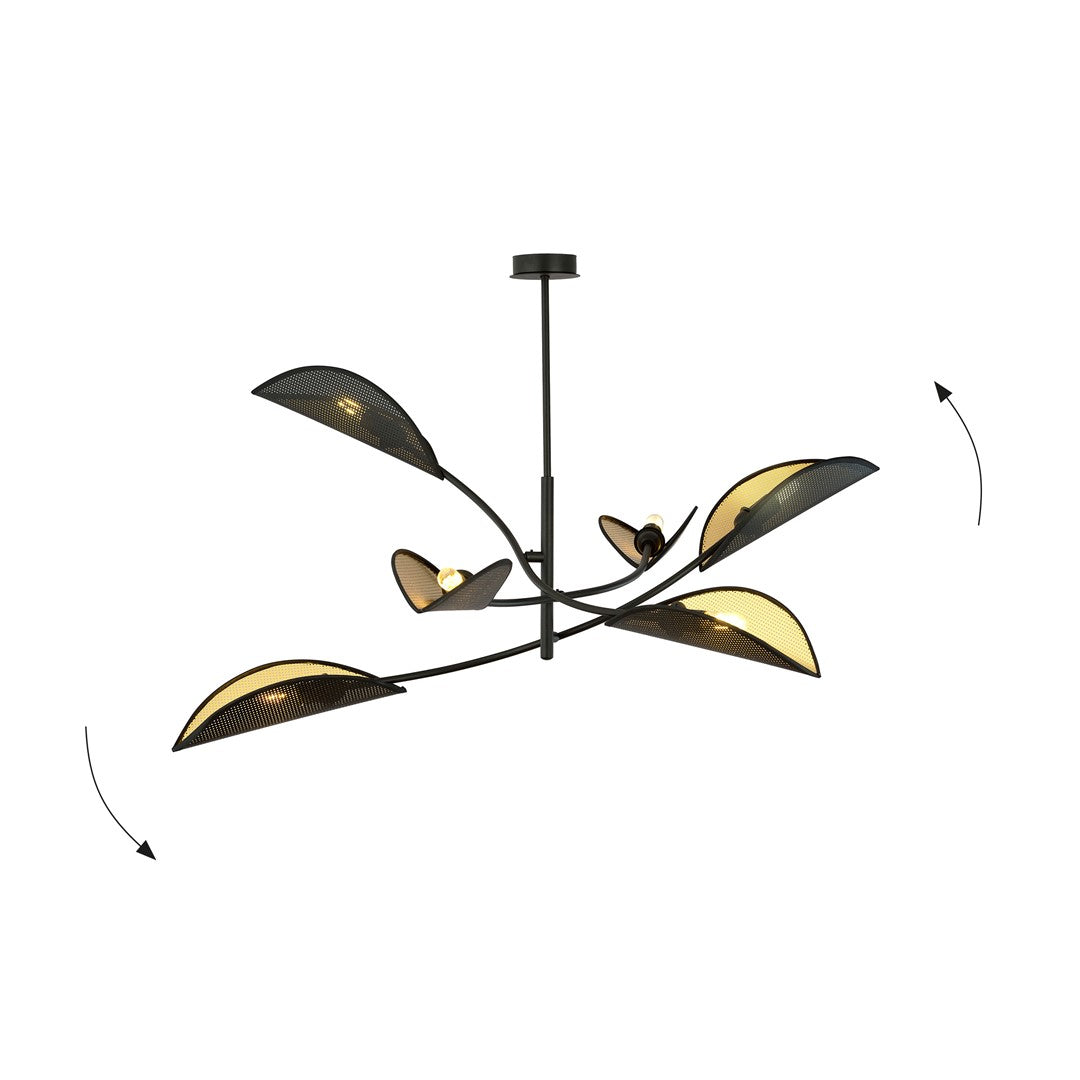 Plafondlamp gepoedercoat staal en stof Lotus 6 lichts, zwart en goud, 102 cm breed, woonkamer en slaapkamer