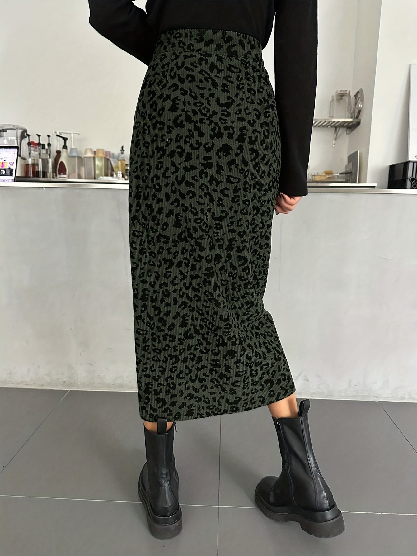 Damen Maxi Rock Leopard Print Rippstrick Schlitz