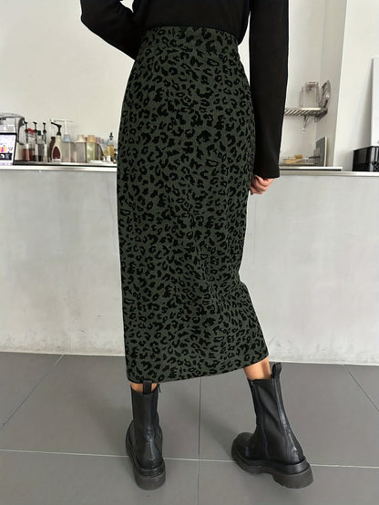 Damen Maxi Rock Leopard Print Rippstrick Schlitz