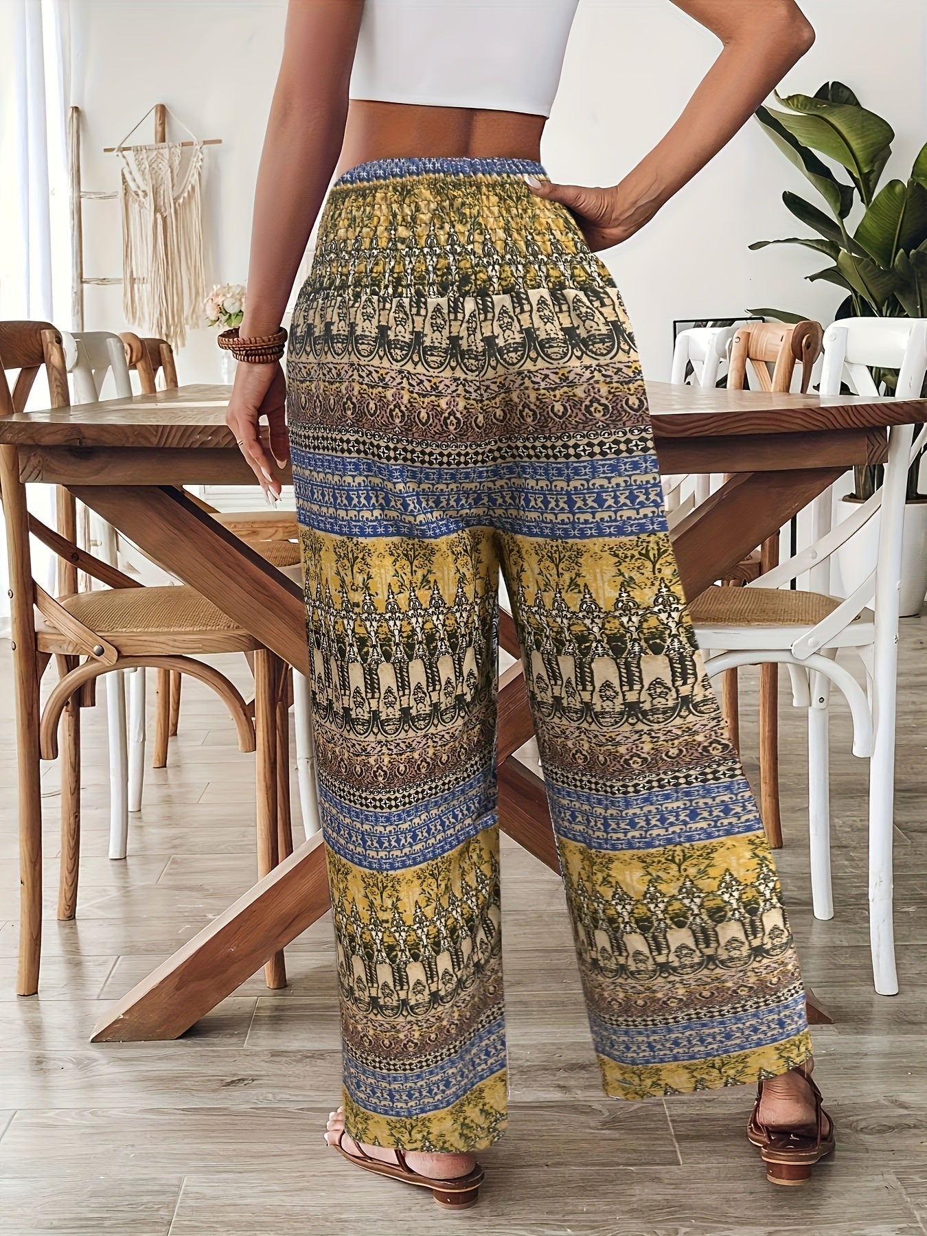 Women's Boho Wide-Leg Casual Pants with Ethnic Pattern for Summer