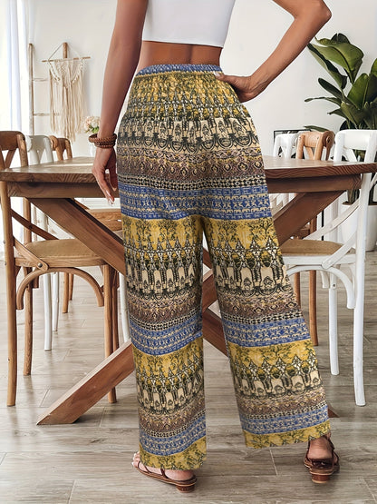 Women's Boho Wide-Leg Casual Pants with Ethnic Pattern for Summer
