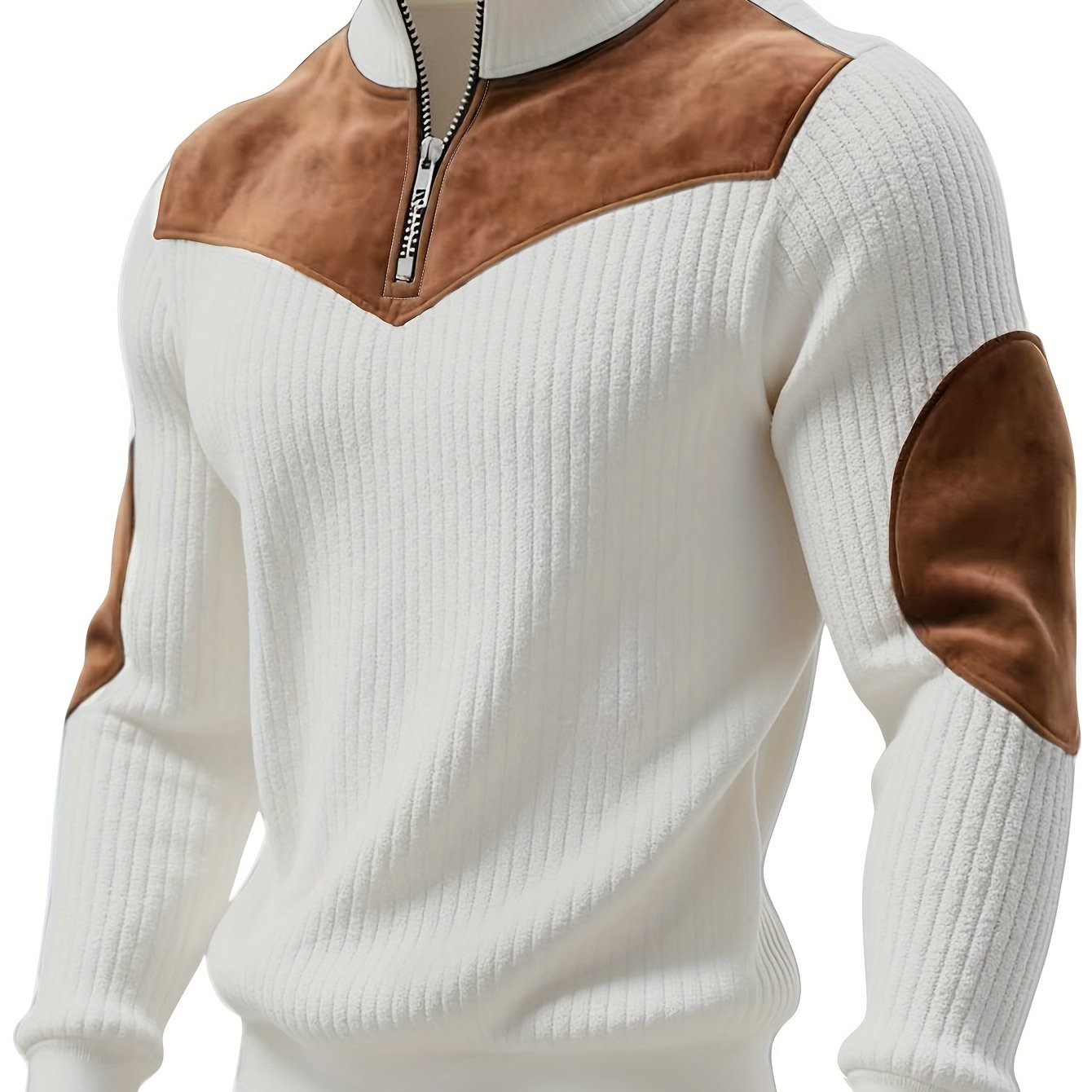 Ribbed men's quarter-zip sweater with suede-look patches