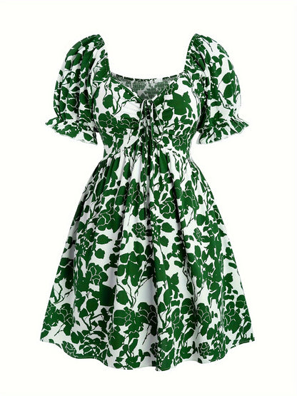 Women's Summer Dress Elegant with Floral Pattern and Puff Sleeves, Fit & Flare, Perfect for Vacation and Leisure
