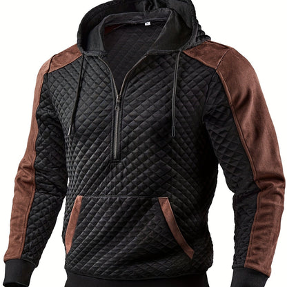 Men's quilted hoodie with half-zip and hood