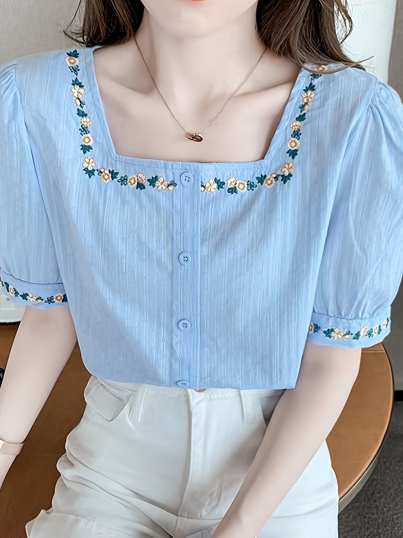 Women's Blouse with Embroidery and Square Neckline – Elegant Spring and Summer Style
