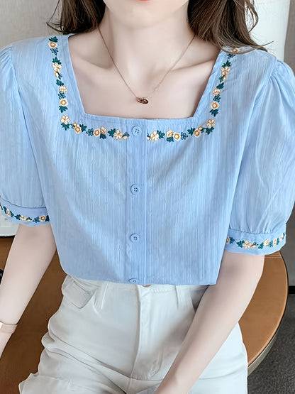 Women's Blouse with Embroidery and Square Neckline – Elegant Spring and Summer Style