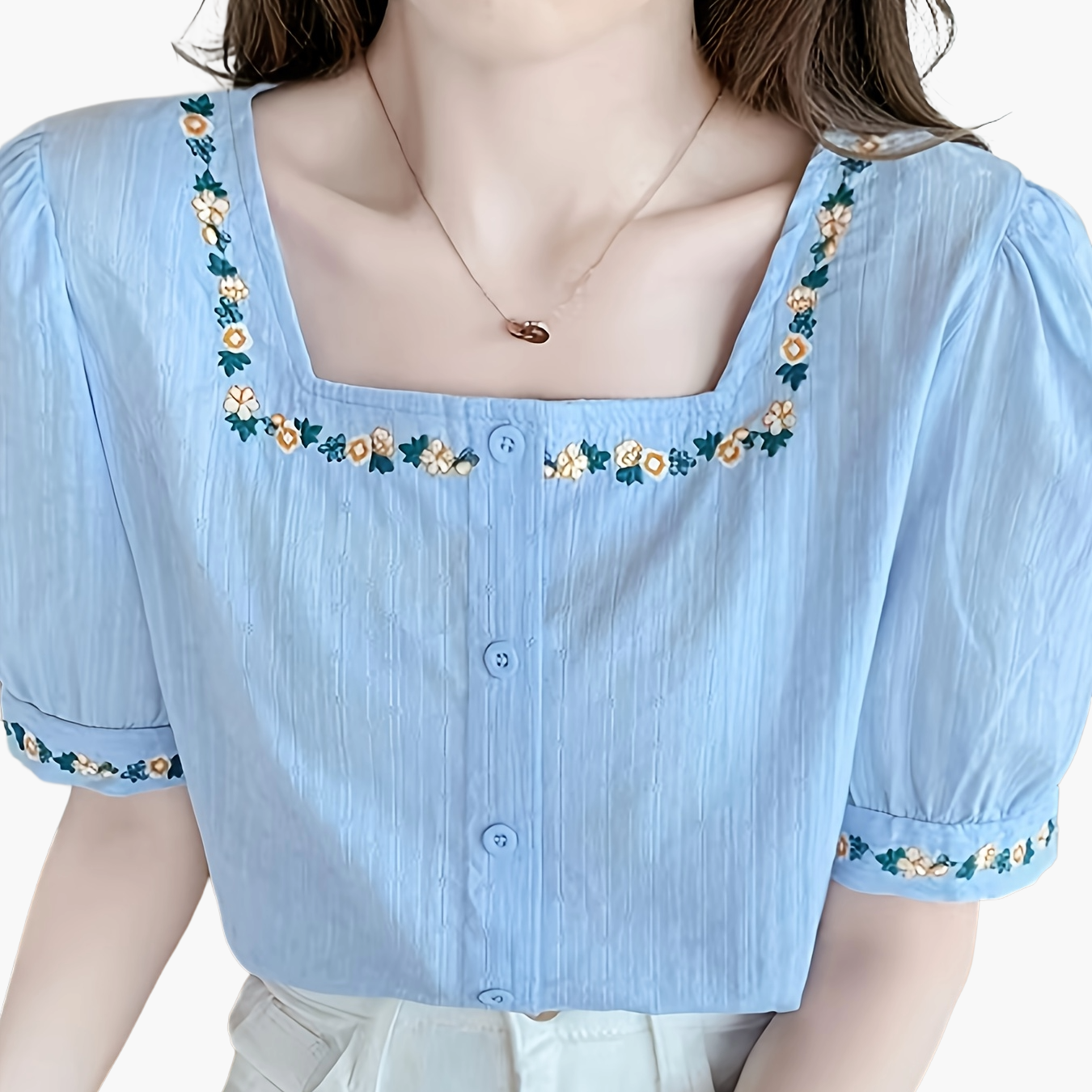 Women's Blouse with Embroidery and Square Neckline – Elegant Spring and Summer Style