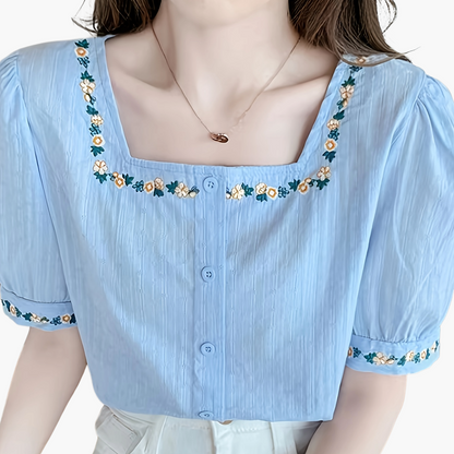 Women's Blouse with Embroidery and Square Neckline – Elegant Spring and Summer Style