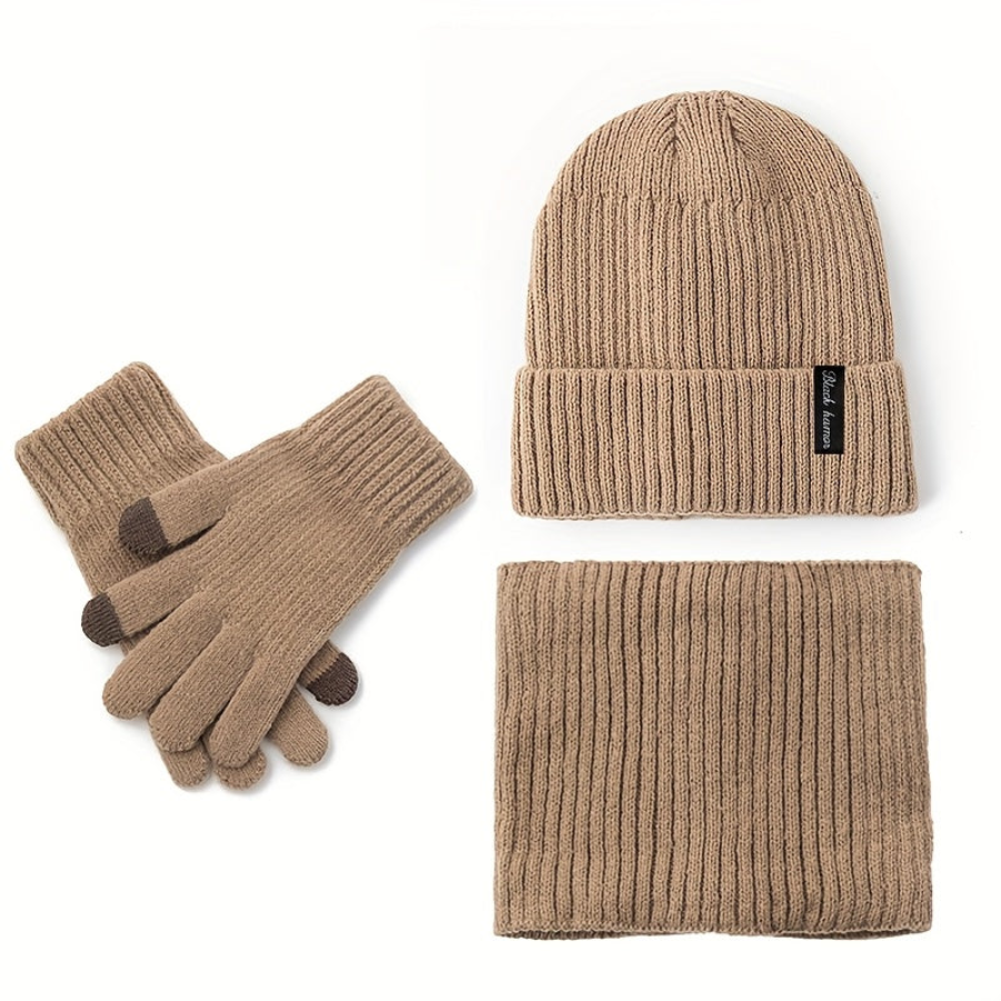 Rib-knit beanie, infinity scarf, and gloves set, black, winter, men’s and women’s