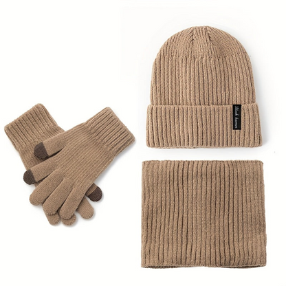 Rib-knit beanie, infinity scarf, and gloves set, black, winter, men’s and women’s