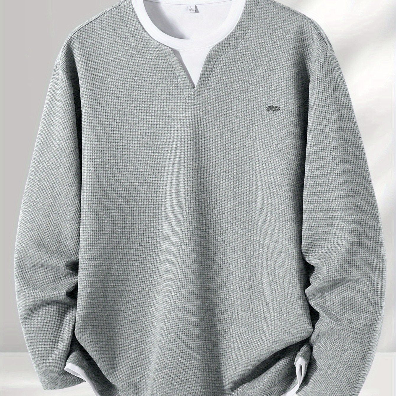 Men's Long-Sleeve Sweater, Waffle Texture, V-Neck, Two-Layer Look, Gray/Black
