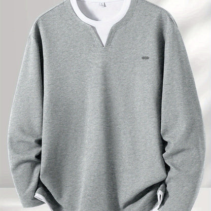 Men's Long-Sleeve Sweater, Waffle Texture, V-Neck, Two-Layer Look, Gray/Black