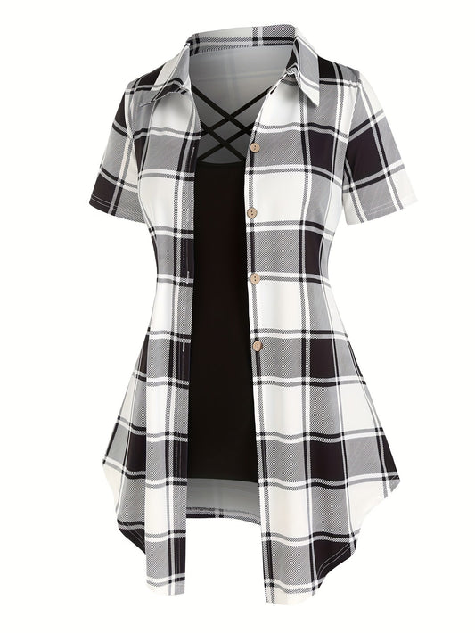 Women's plaid blouse with overlay and elegant look – summer casual shirt with cross detail