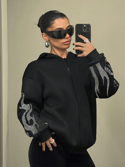 Women's hoodie with rhinestone flame pattern and hood, relaxed fit