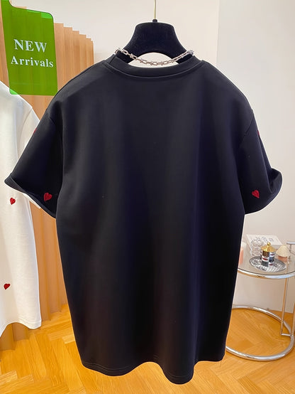 Women's T-Shirt with Embroidery and Heart Pattern – Casual Style, Spring/Summer