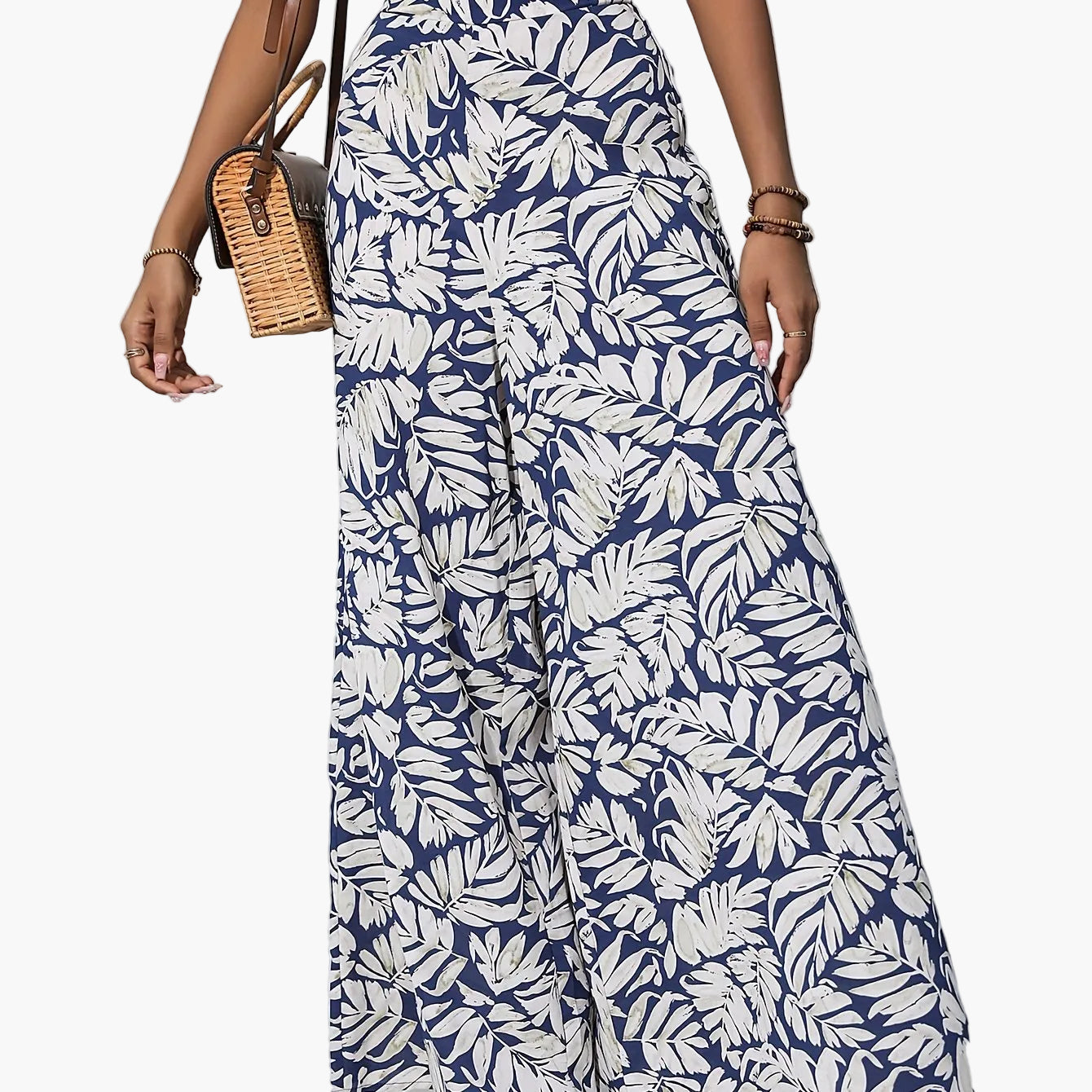 Women's Wide Summer Pants with Tropical Leaf Pattern – Fashionable Palazzo Pants for Beach and Leisure