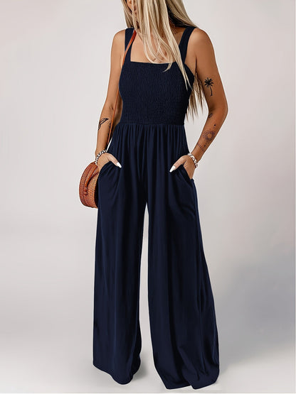 Women's Elegant Jumpsuit with Smocked Top and Wide Legs for Everyday and Leisure