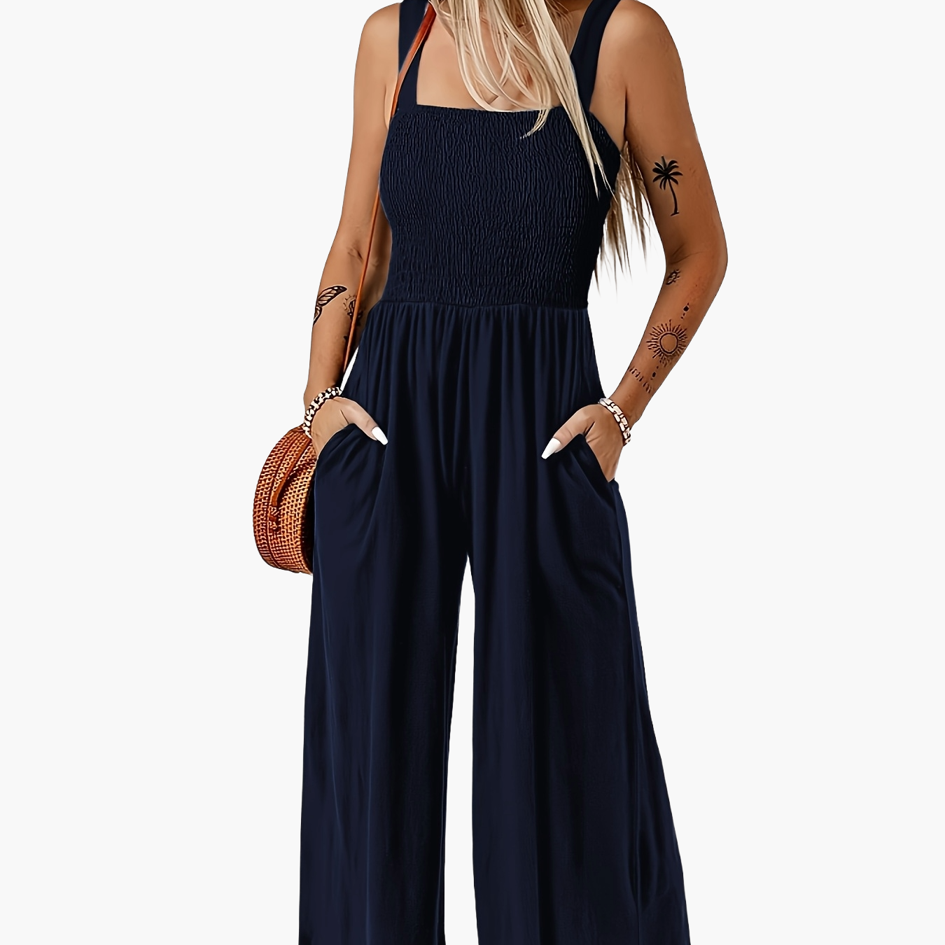 Women's Elegant Jumpsuit with Smocked Top and Wide Legs for Everyday and Leisure