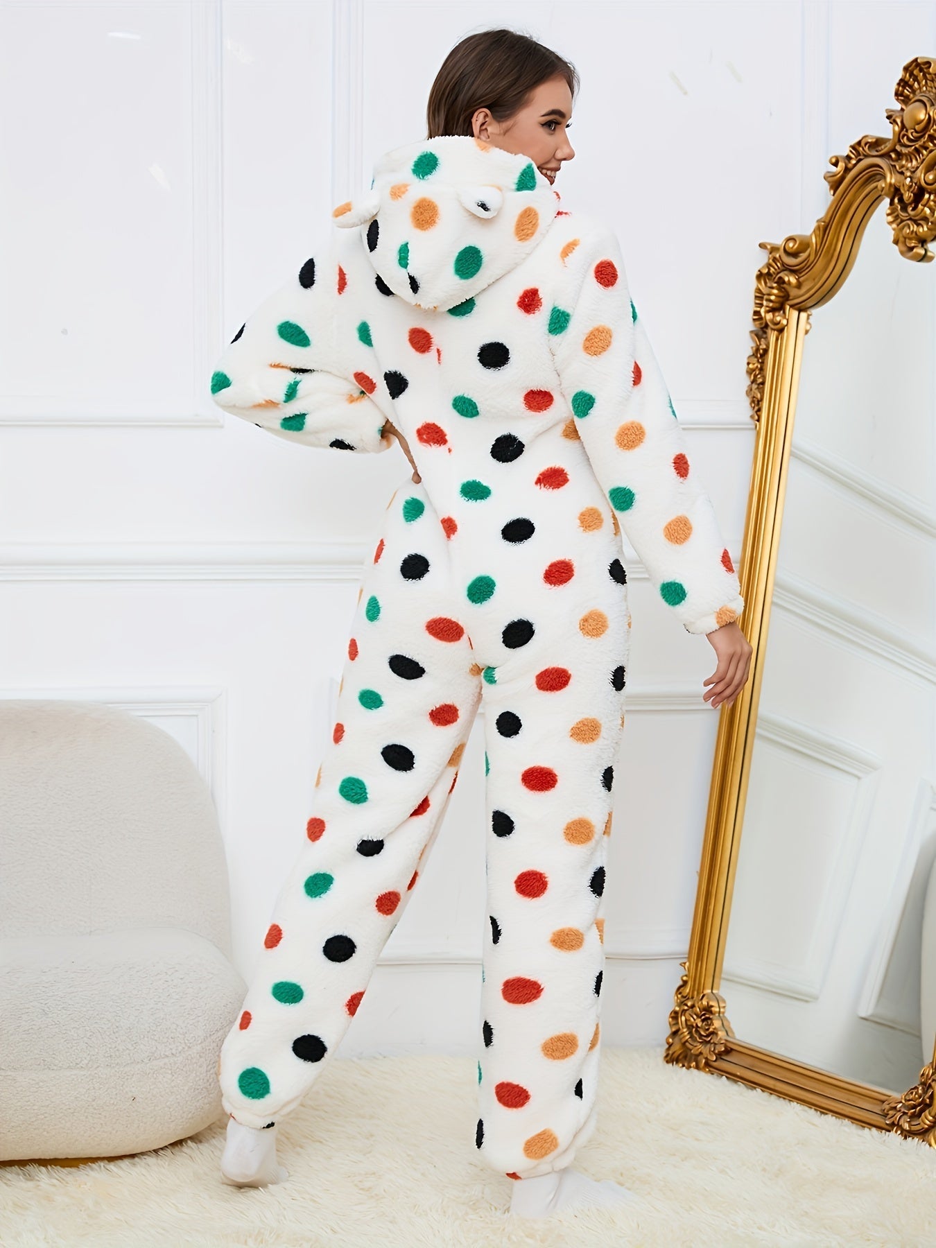 Women's fluffy sleep jumpsuit with zipper, hood, and bear pattern