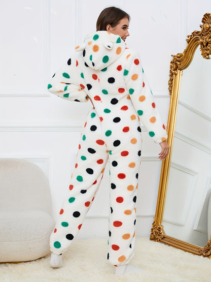 Women's fluffy sleep jumpsuit with zipper, hood, and bear pattern