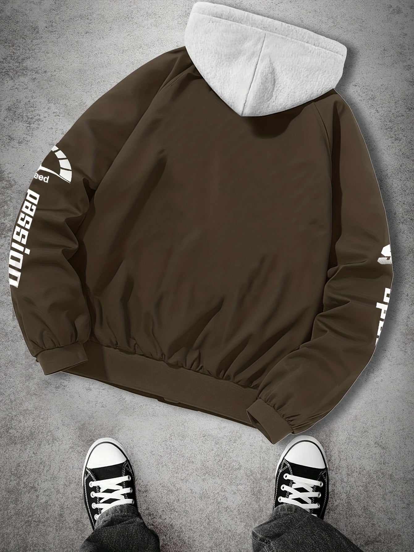 Men's hooded bomber jacket with racing print, zip-up windbreaker