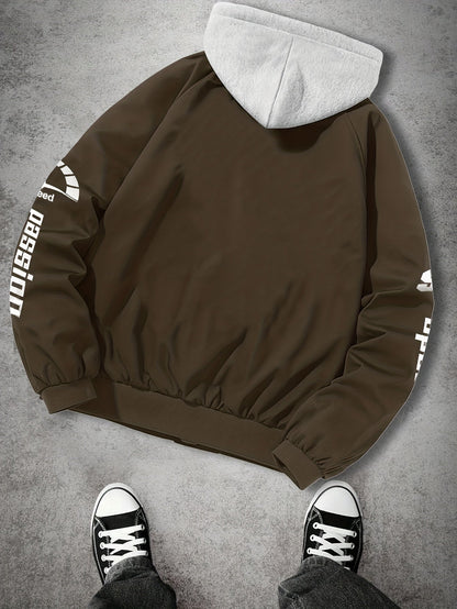 Men's hooded bomber jacket with racing print, zip-up windbreaker