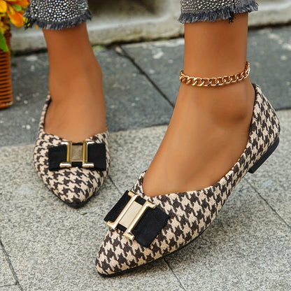Women's Elegant Houndstooth Lace Shoes with Bow Detail – Stylish Everyday Ballet Flats for Spring & Office