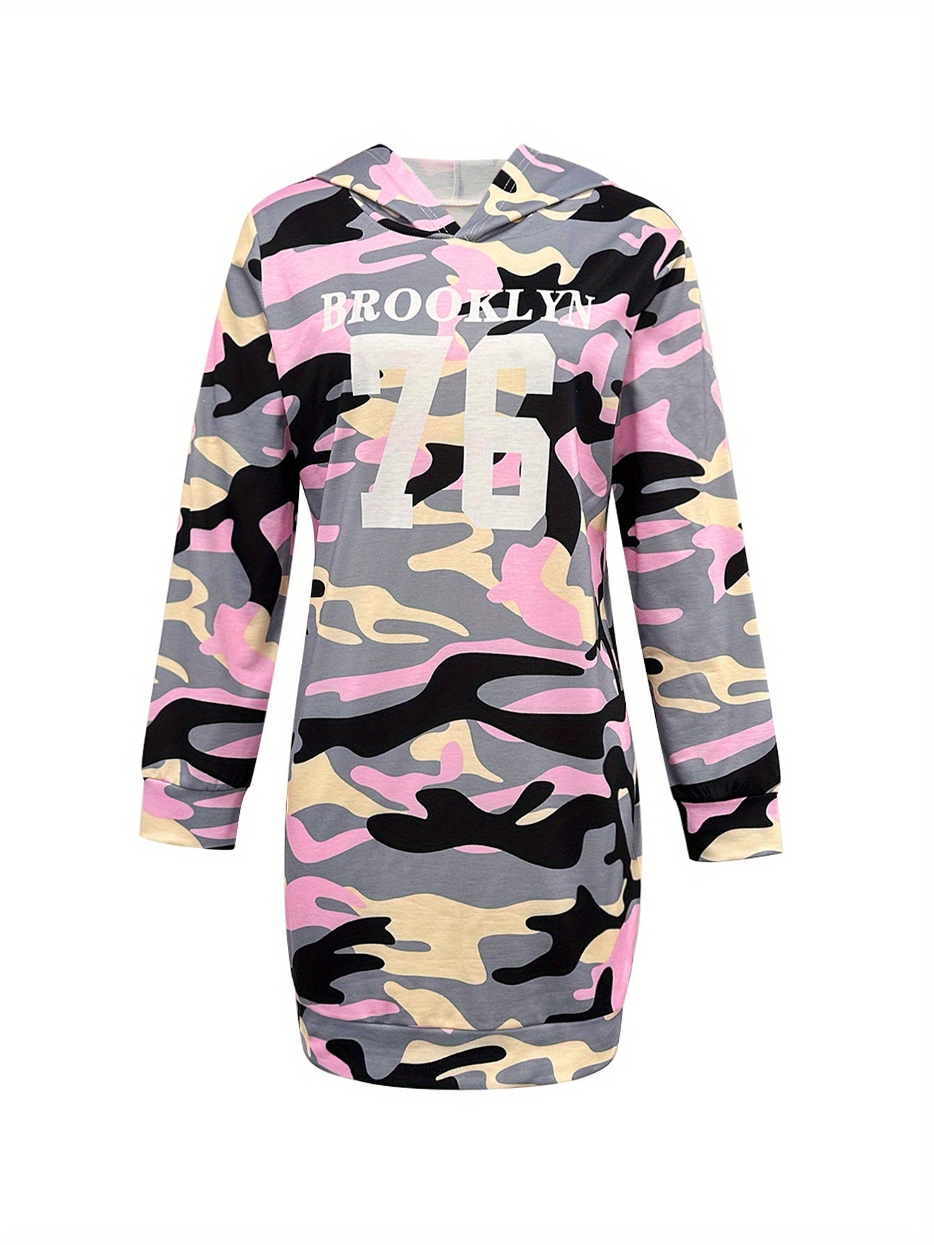 Women's camouflage hoodie dress, pink and gray, Brooklyn 76, long sleeve