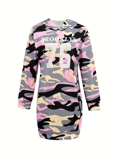 Women's camouflage hoodie dress, pink and gray, Brooklyn 76, long sleeve