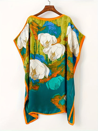 Women's Boho Beach Poncho – Asymmetrical, Floral Pattern, Perfect for Vacation & Summer