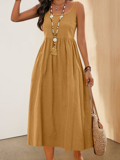 Women's Fit & Flare Midi Dress with Wide Skirt and Square Neck – Perfect for Vacation and Everyday Wear