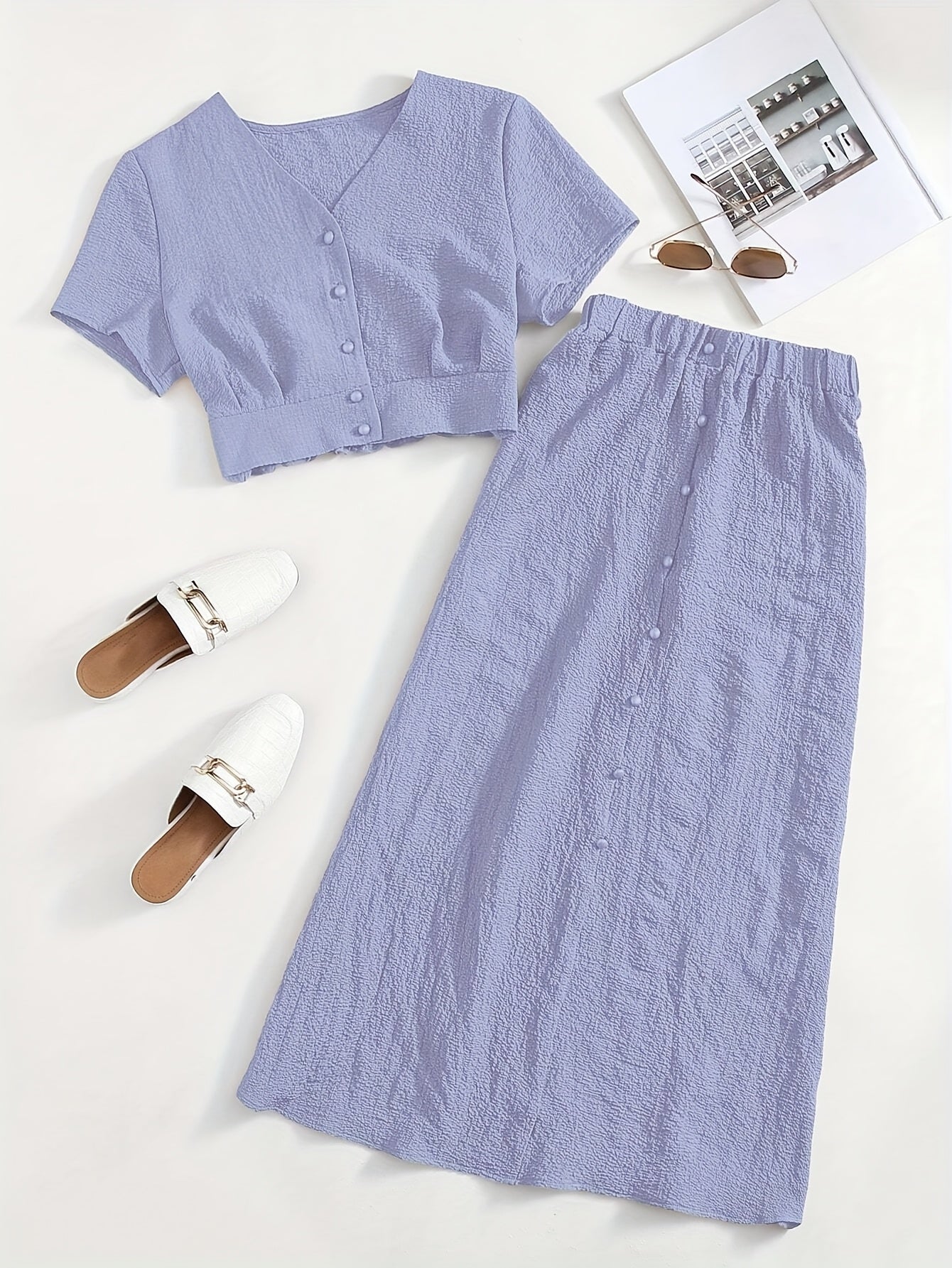 Women's Two-Piece Set – Elegant Button-Down Crop Top & Midi Skirt for Everyday and Leisure