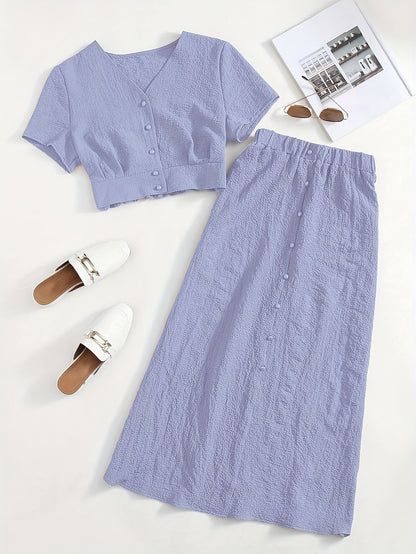 Women's Two-Piece Set – Elegant Button-Down Crop Top & Midi Skirt for Everyday and Leisure