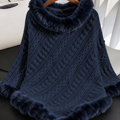 Poncho Damen Strick Zopfmuster mit Kunstpelzbesatz Marineblau