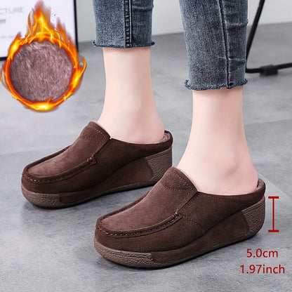 Women's mule loafers with soft lining, suede-look finish, brown