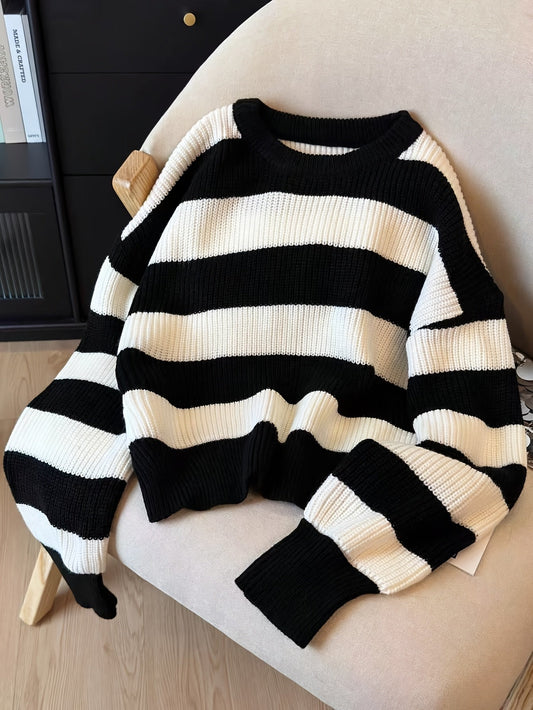 Damen Strickpullover Schwarz Weiß Gestreift Rundhals Loose Fit