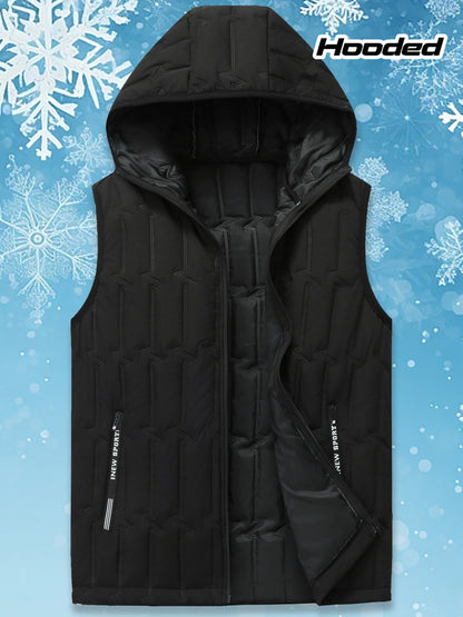 Men's black quilted vest with hood, sleeveless jacket