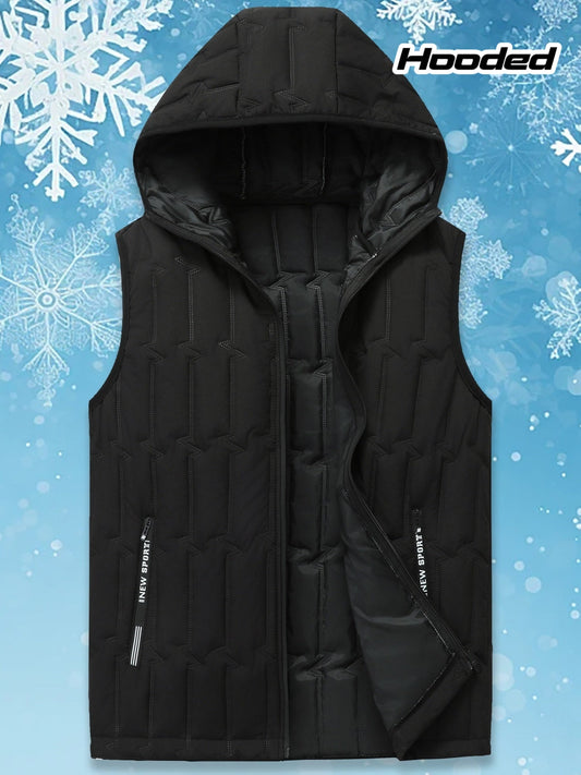Men's black quilted vest with hood, sleeveless jacket