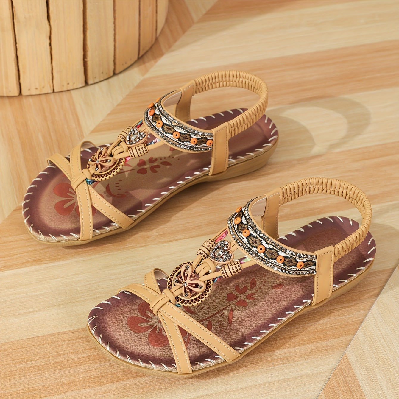 Women's Boho Sandals with Decorative Jewelry and Elastic Ankle Strap – Comfortable Summer Shoes for Casual Wear and Vacation