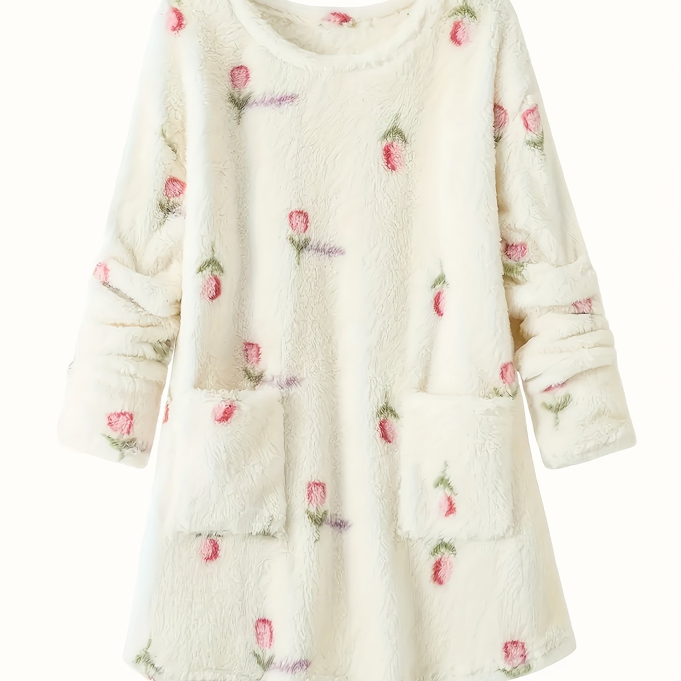 Women's fleece nightgown, cream, floral pattern, long-sleeved, short house dress