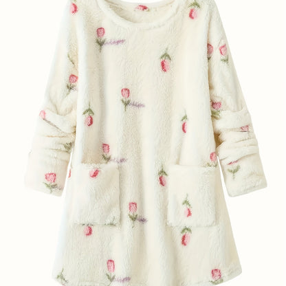 Women's fleece nightgown, cream, floral pattern, long-sleeved, short house dress