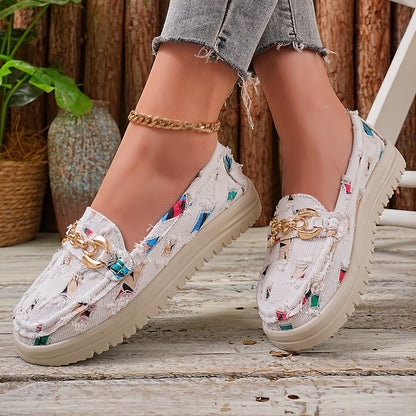 Damen Slip-On Freizeitschuhe mit modischem Ketten-Detail – Bequeme Alltags-Loafer im trendigen Used-Look