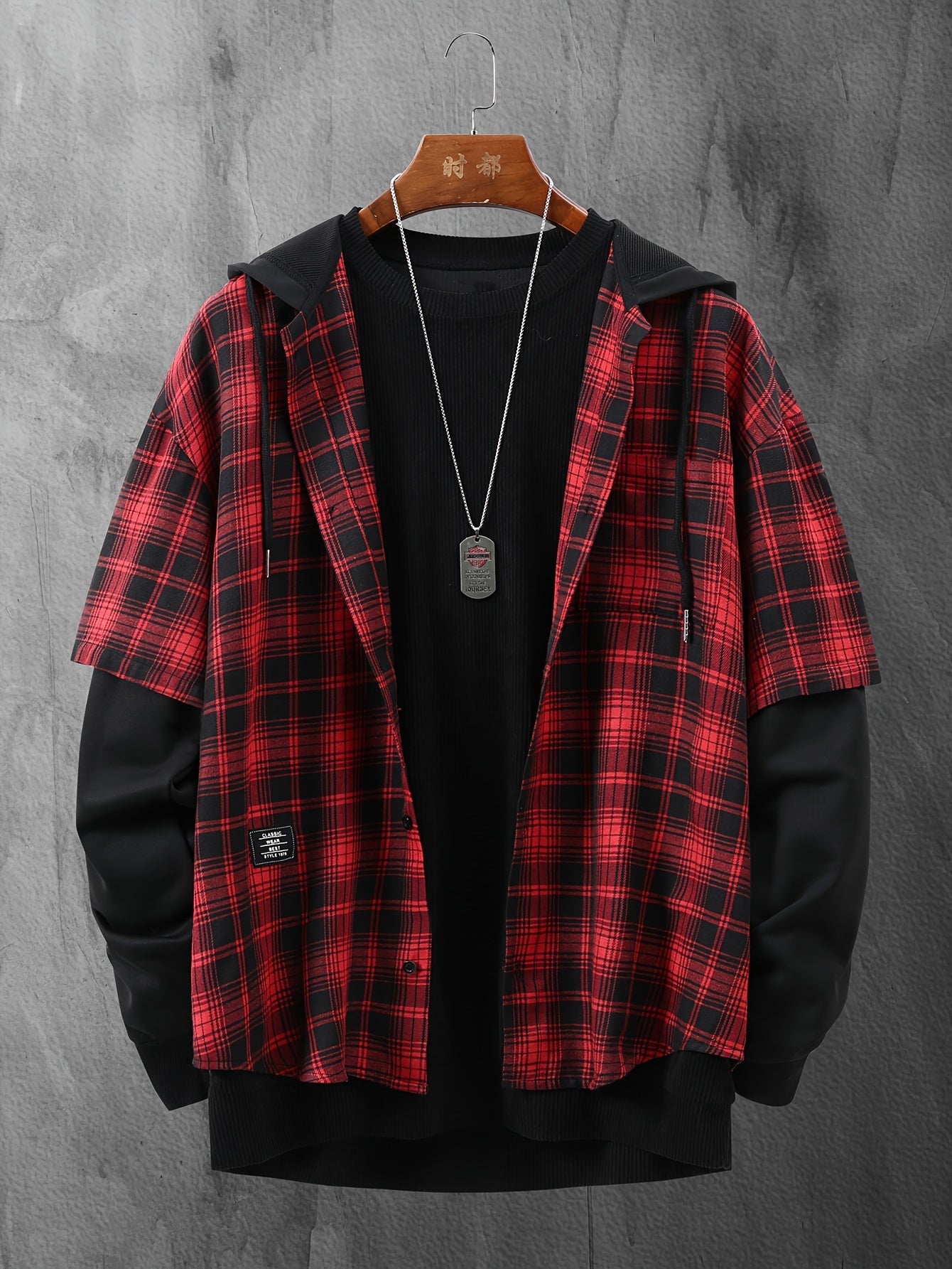 Men's checkered shirt jacket look, black and red grid pattern, hooded, long-sleeved